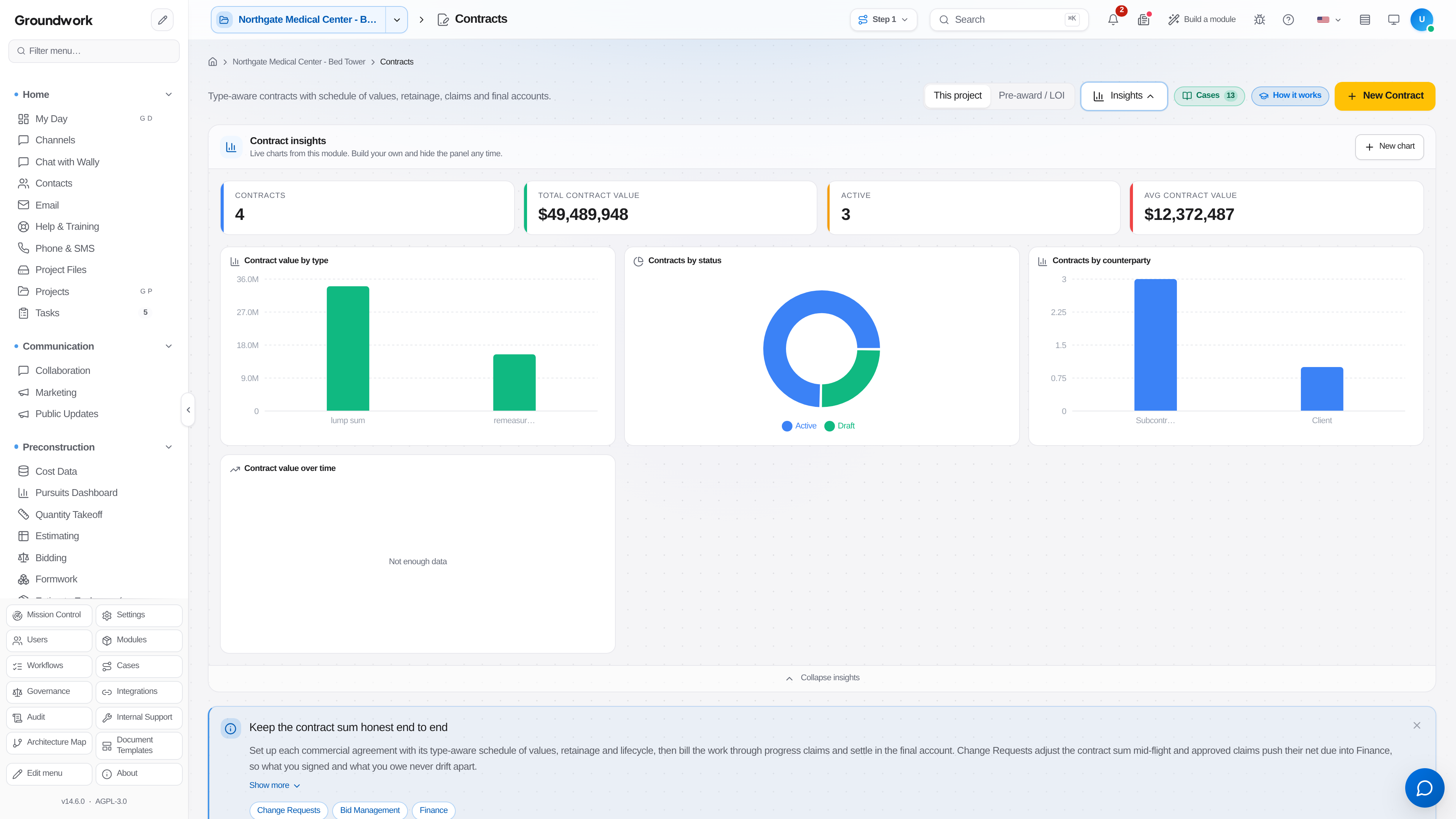 Contracts register with prime contract and subcontracts
